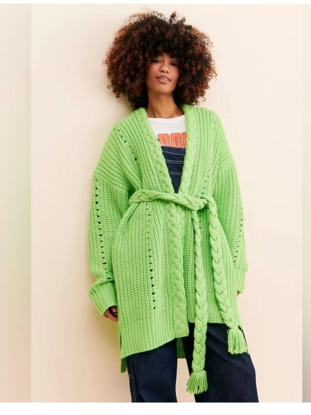 FARM Rio Shaker Bright Lime Braided Belt Cable-Knit Cardigan